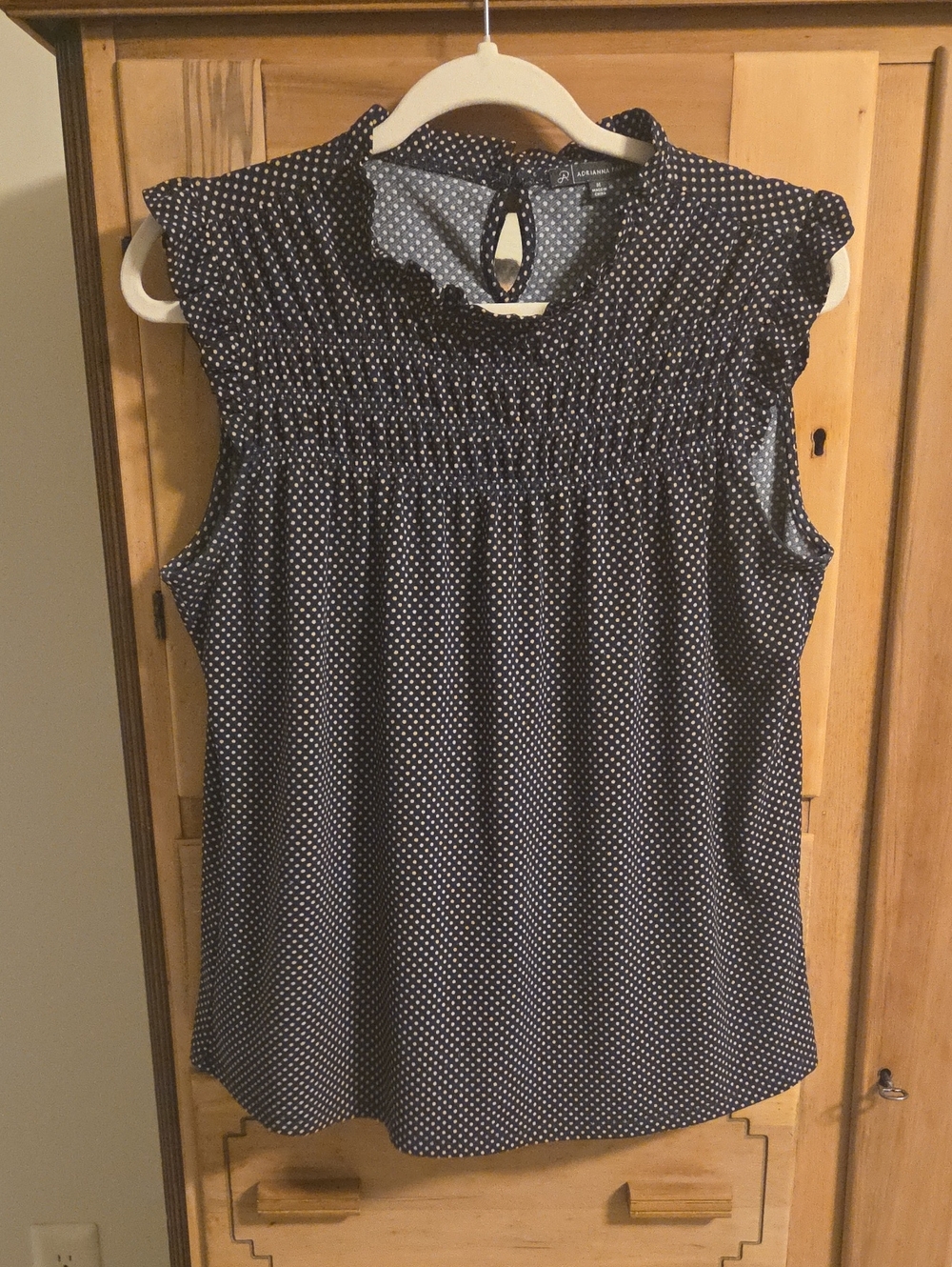 Navy And Tan Polka Dot Sleeveless Smocked Yoke Top